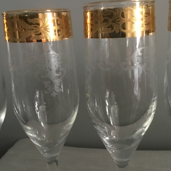 Cellini Gold Etched Rim Champagne Flutes Made in Italy Set of 4 - Picture 2 of 2